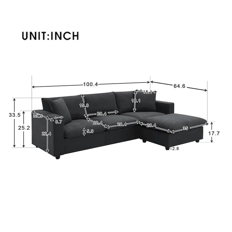 Modernes 4-Sitzer L-förmiges Ecksofa, mit 2 kostenlosen Kissen, verwandelbarer Ottomane