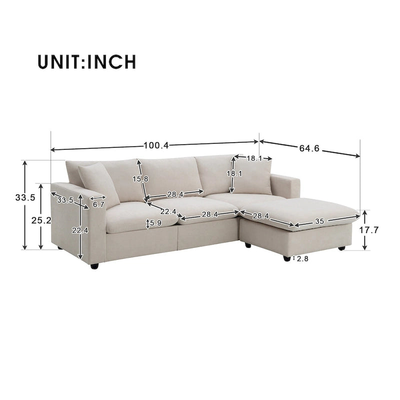 Modernes 4-Sitzer L-förmiges Ecksofa, mit 2 kostenlosen Kissen, verwandelbarer Ottomane