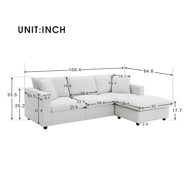 Modernes 4-Sitzer L-förmiges Ecksofa, mit 2 kostenlosen Kissen, verwandelbarer Ottomane