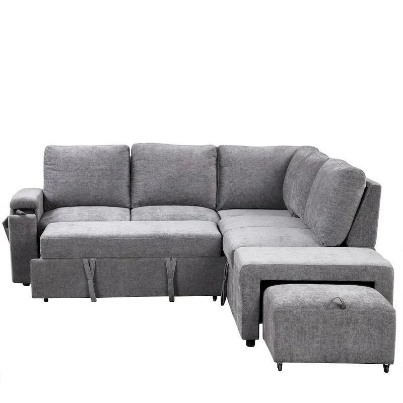 L-förmiges, gepolstertes Modulsofa mit Stauraum, USB-Anschlüssen und Getränkehaltern an den Armlehnen, geeignet