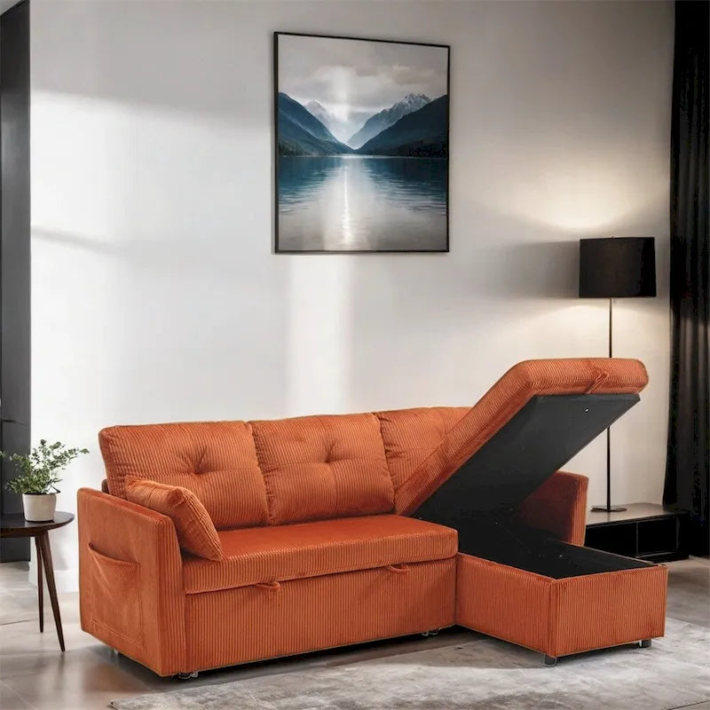 Modulares Ecksofa in L-Form mit umbaubarer Recamiere und Stauraum-Sitz