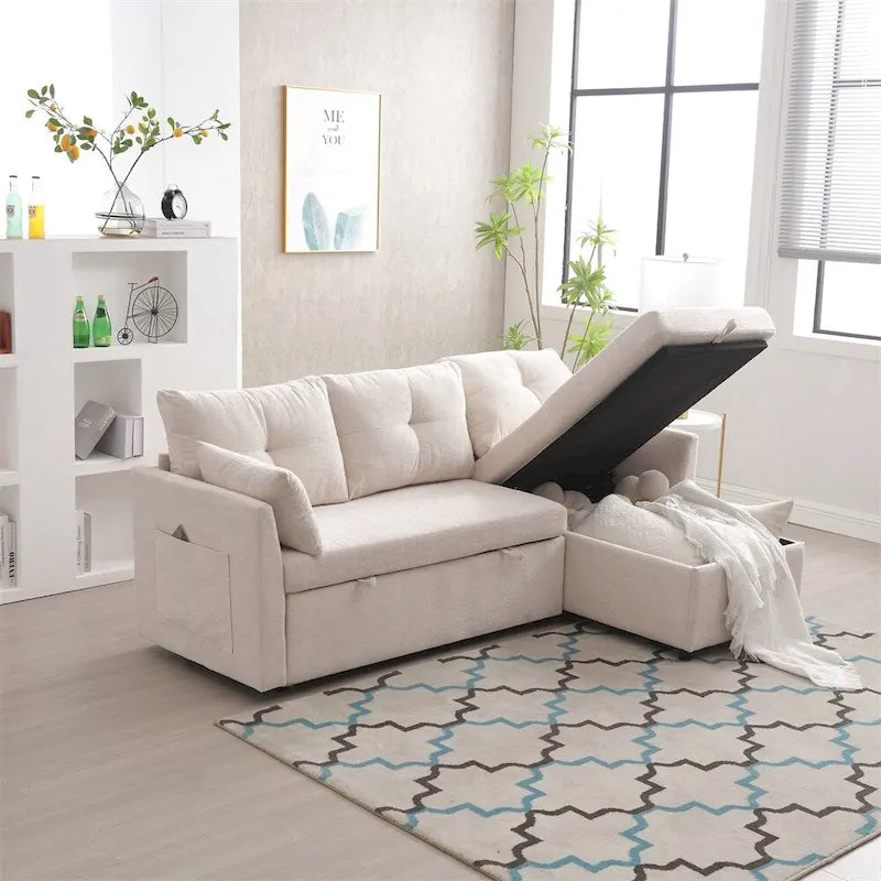 Modulares Ecksofa in L-Form mit umbaubarer Recamiere und Stauraum-Sitz