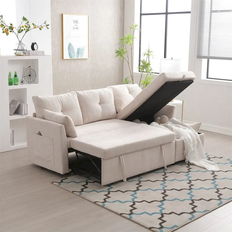 Modulares Ecksofa in L-Form mit umbaubarer Recamiere und Stauraum-Sitz