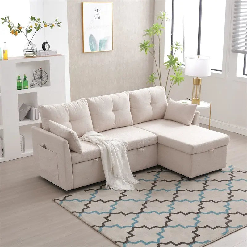 Modulares Ecksofa in L-Form mit umbaubarer Recamiere und Stauraum-Sitz