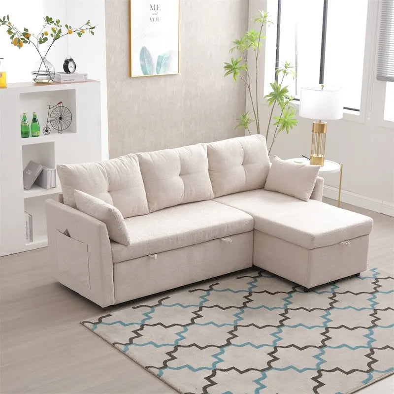 Modulares Ecksofa in L-Form mit umbaubarer Recamiere und Stauraum-Sitz