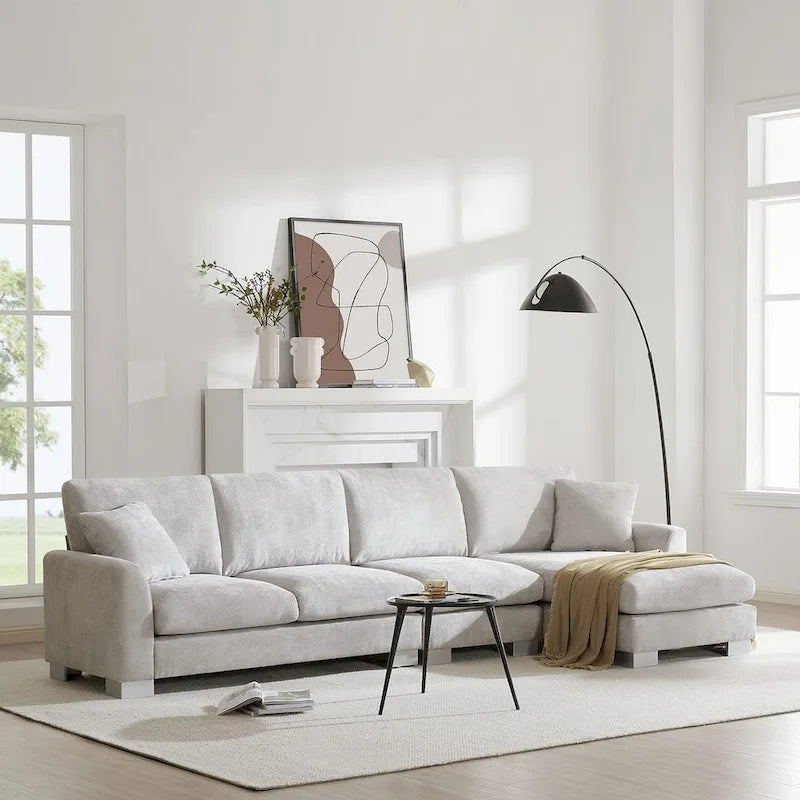 Übergroßes Ecksofa mit Récamiere, L-förmiges Chenille-Sofa für Wohnzimmer, Wohnung, Büro
