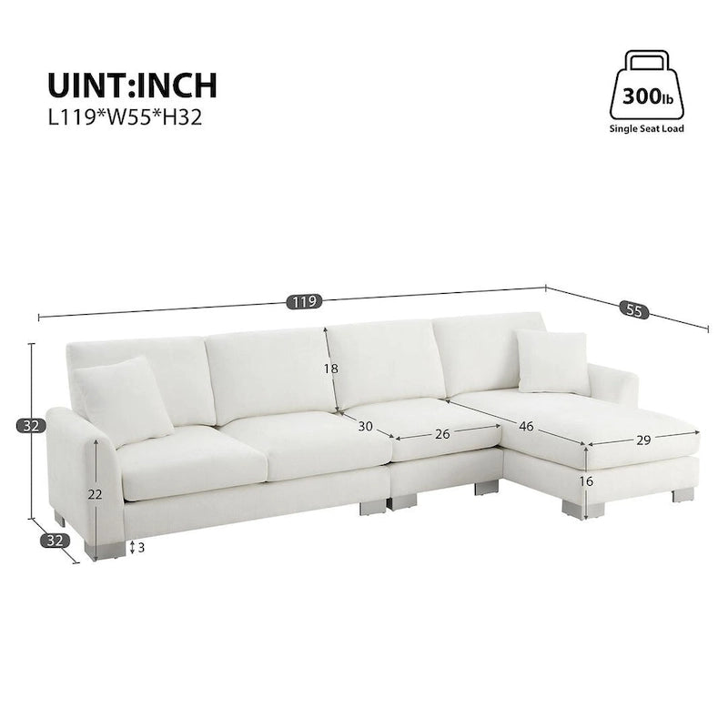 Übergroßes Ecksofa mit Récamiere, L-förmiges Chenille-Sofa für Wohnzimmer, Wohnung, Büro
