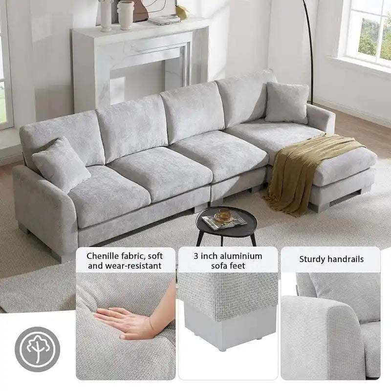 Übergroßes Ecksofa mit Récamiere, L-förmiges Chenille-Sofa für Wohnzimmer, Wohnung, Büro