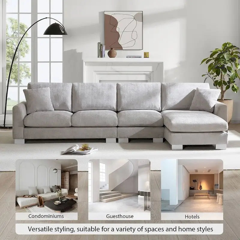 Übergroßes Ecksofa mit Récamiere, L-förmiges Chenille-Sofa für Wohnzimmer, Wohnung, Büro