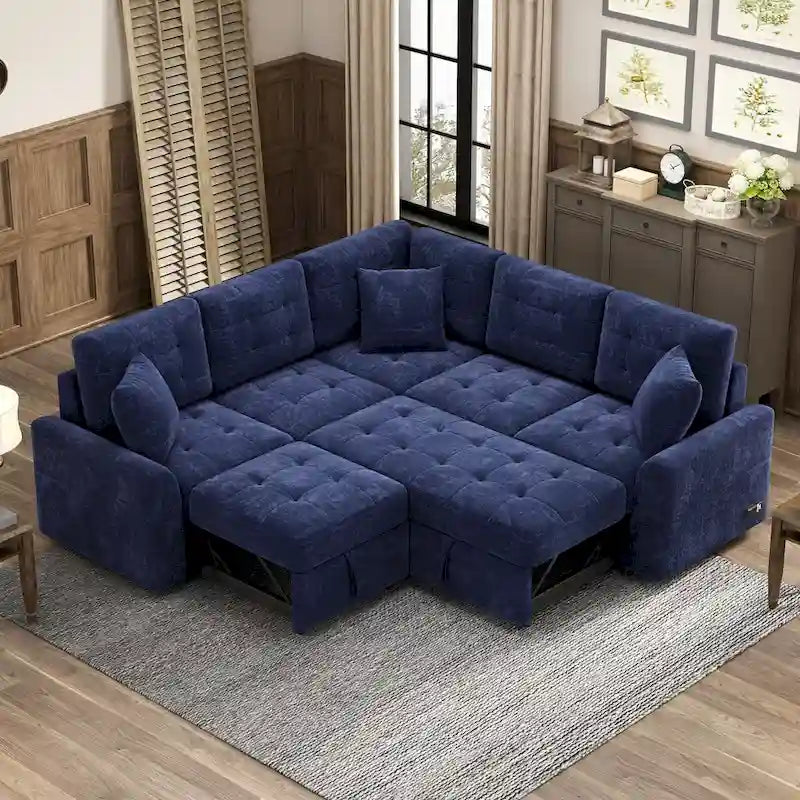 82,6 Zoll L-förmiges Auszieh-Schlafsofa mit Rollen, USB-Anschlüssen, Steckdosen - 82,6B x 82,6T x 33H