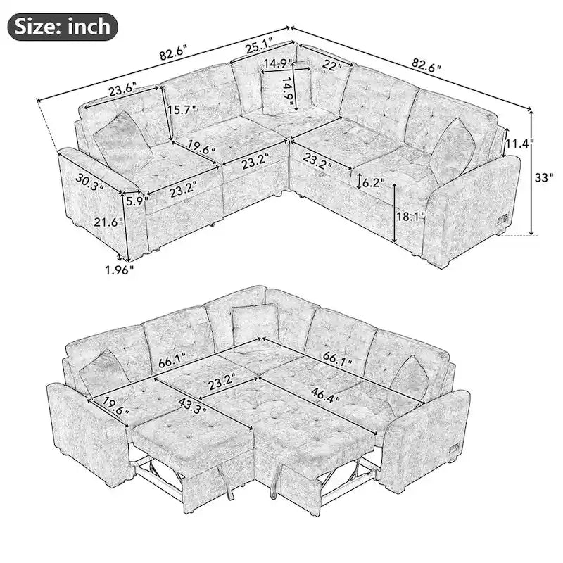82,6 Zoll L-förmiges Auszieh-Schlafsofa mit Rollen, USB-Anschlüssen, Steckdosen - 82,6B x 82,6T x 33H