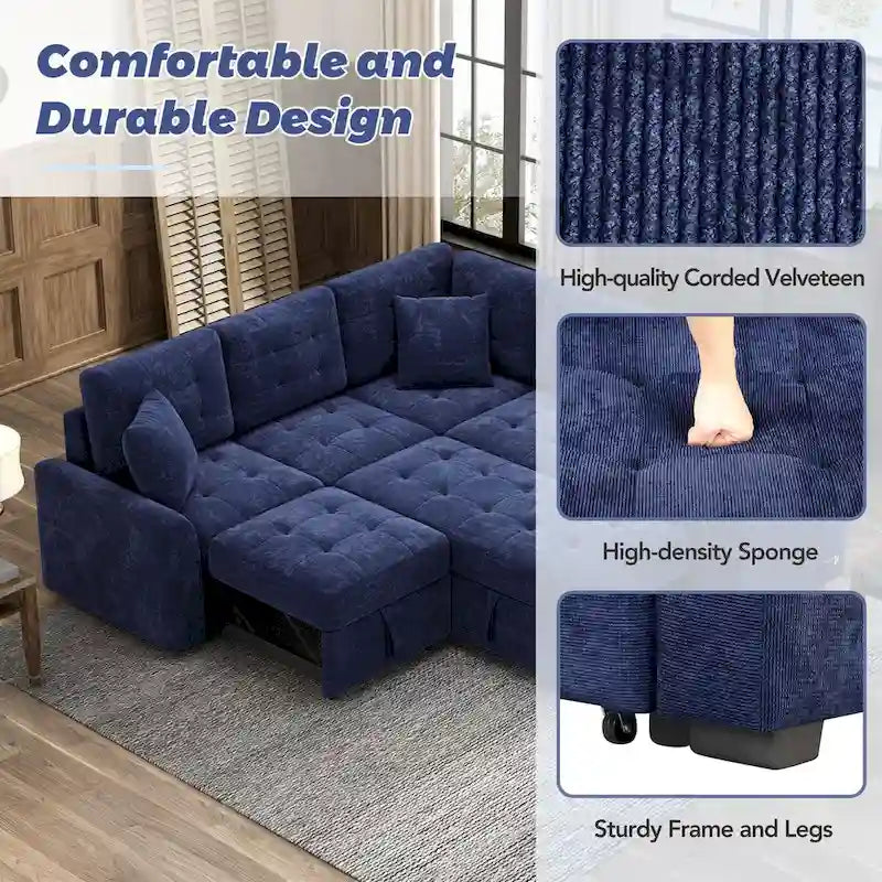 82,6 Zoll L-förmiges Auszieh-Schlafsofa mit Rollen, USB-Anschlüssen, Steckdosen - 82,6B x 82,6T x 33H