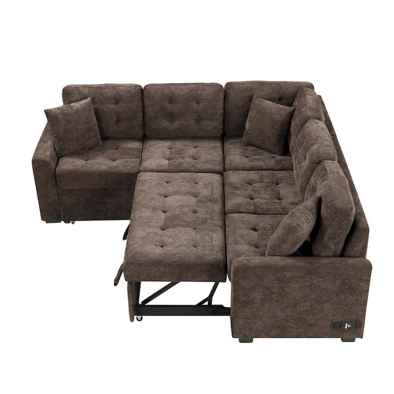 82,6 Zoll L-förmiges Auszieh-Schlafsofa mit Rollen, USB-Anschlüssen, Steckdosen - 82,6B x 82,6T x 33H