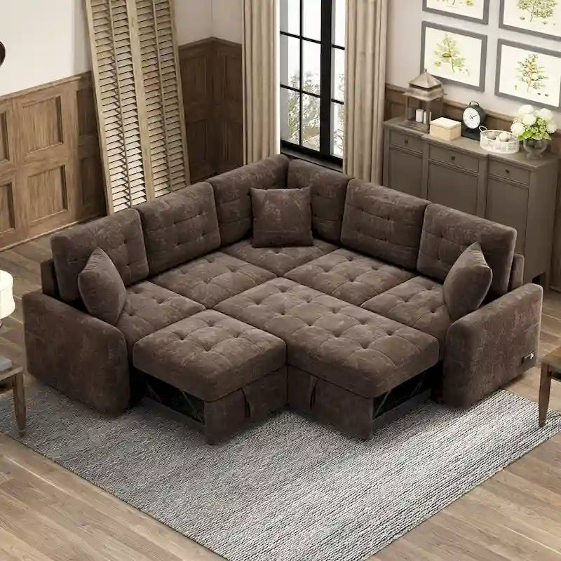 82,6 Zoll L-förmiges Auszieh-Schlafsofa mit Rollen, USB-Anschlüssen, Steckdosen - 82,6B x 82,6T x 33H
