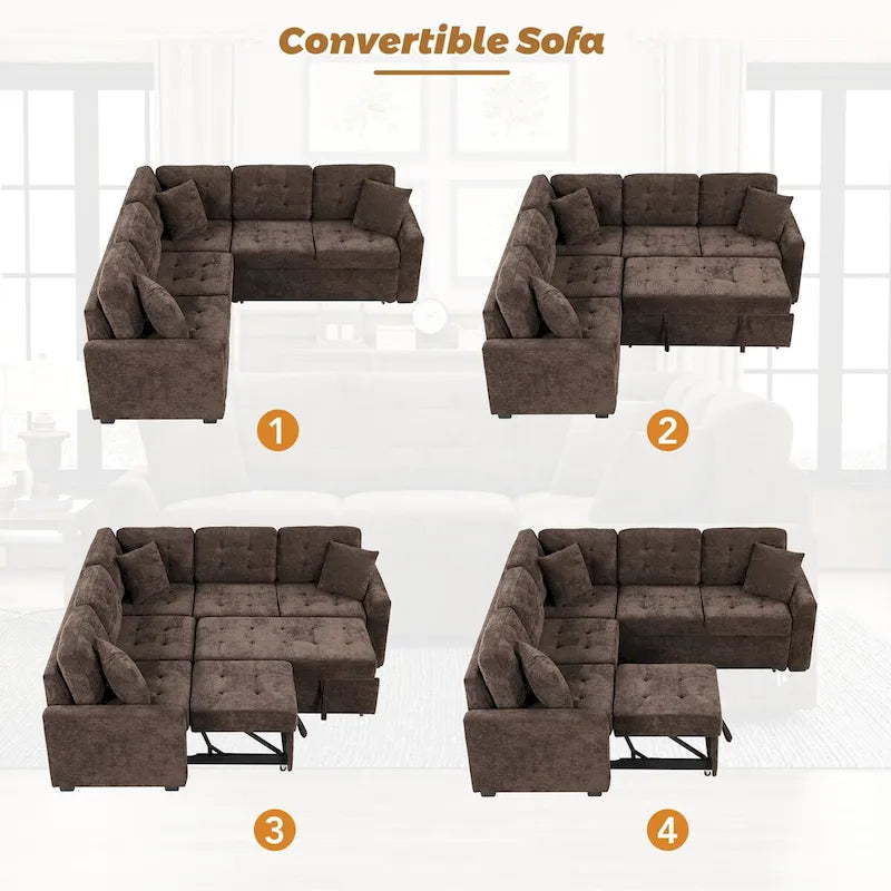 82,6 Zoll L-förmiges Auszieh-Schlafsofa mit Rollen, USB-Anschlüssen, Steckdosen - 82,6B x 82,6T x 33H