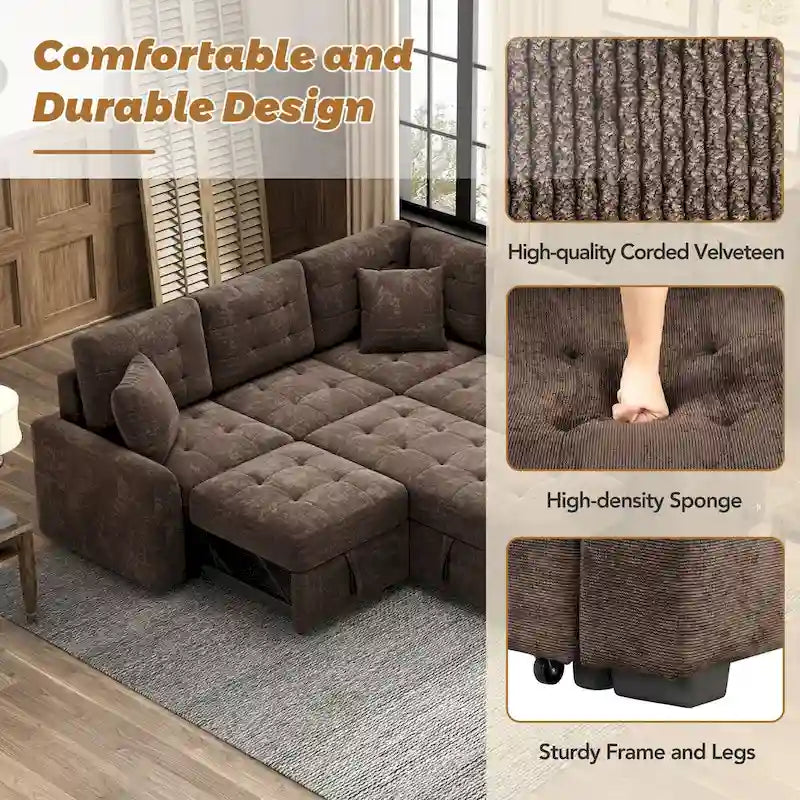 82,6 Zoll L-förmiges Auszieh-Schlafsofa mit Rollen, USB-Anschlüssen, Steckdosen - 82,6B x 82,6T x 33H