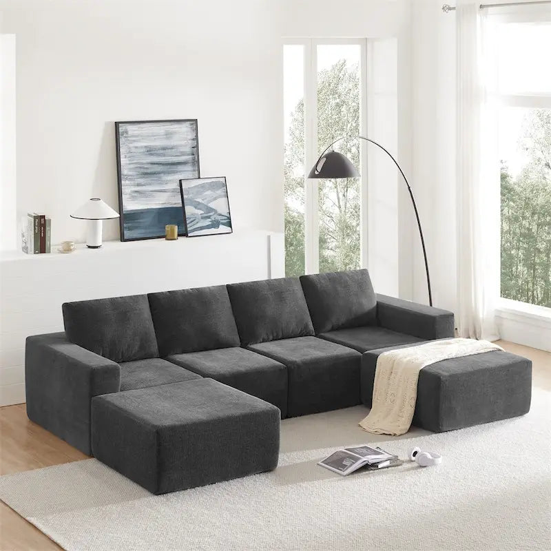 Modulares U-förmiges Sektionssofa, Luxuriöses Chenille-Bodencouch-Set