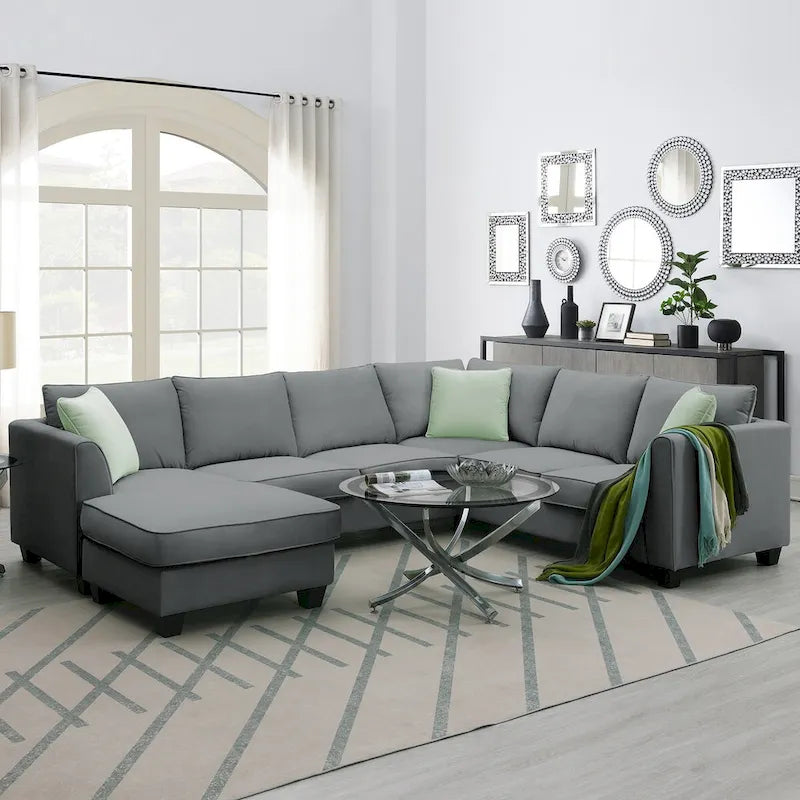 112 Zoll L-förmiges modulares 7-Sitzer-Sofa mit Ottomane und drei Kissen - 112B x 87T x 33H