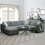 112 Zoll L-förmiges modulares 7-Sitzer-Sofa mit Ottomane und drei Kissen - 112B x 87T x 33H