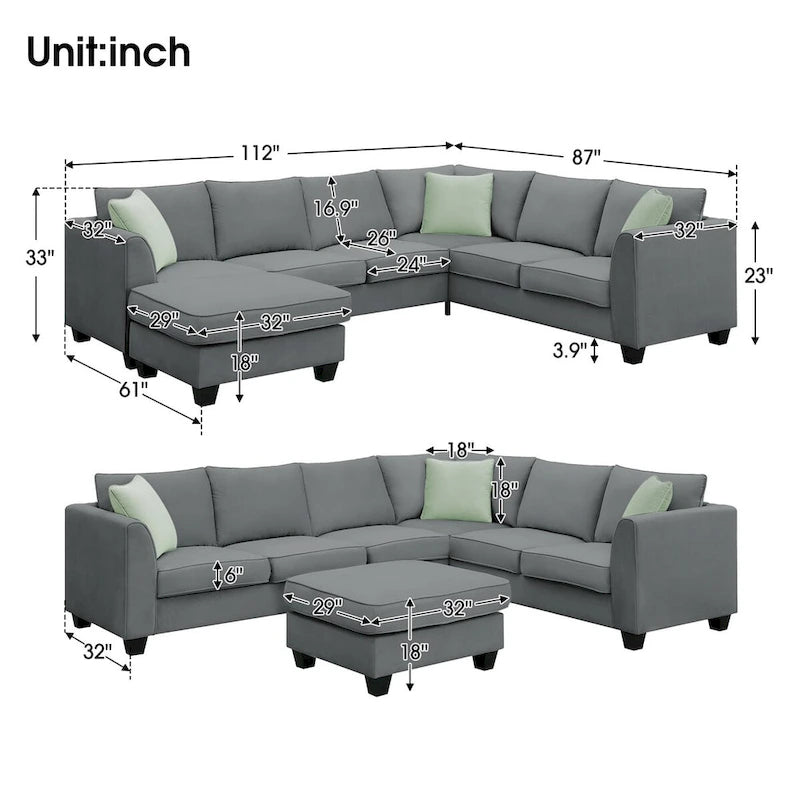 112 Zoll L-förmiges modulares 7-Sitzer-Sofa mit Ottomane und drei Kissen - 112B x 87T x 33H