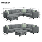 112 Zoll L-förmiges modulares 7-Sitzer-Sofa mit Ottomane und drei Kissen - 112B x 87T x 33H