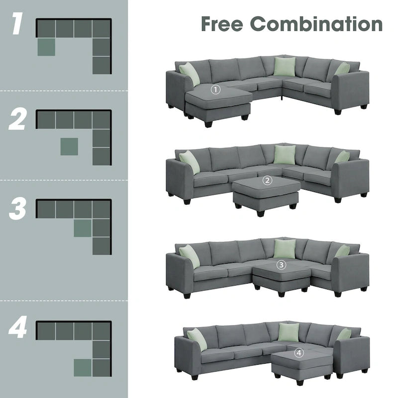 112 Zoll L-förmiges modulares 7-Sitzer-Sofa mit Ottomane und drei Kissen - 112B x 87T x 33H