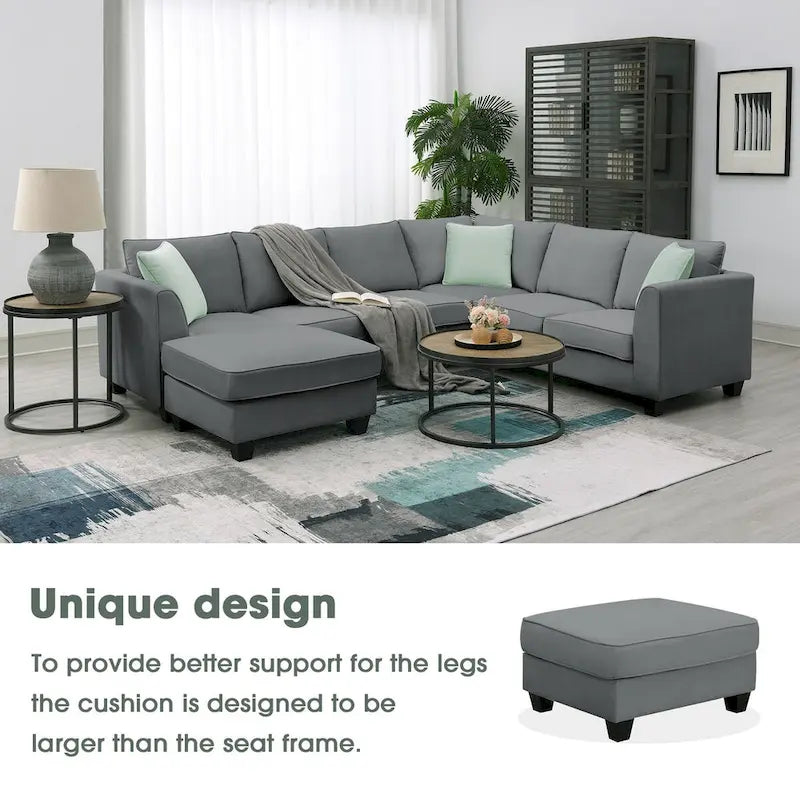 112 Zoll L-förmiges modulares 7-Sitzer-Sofa mit Ottomane und drei Kissen - 112B x 87T x 33H