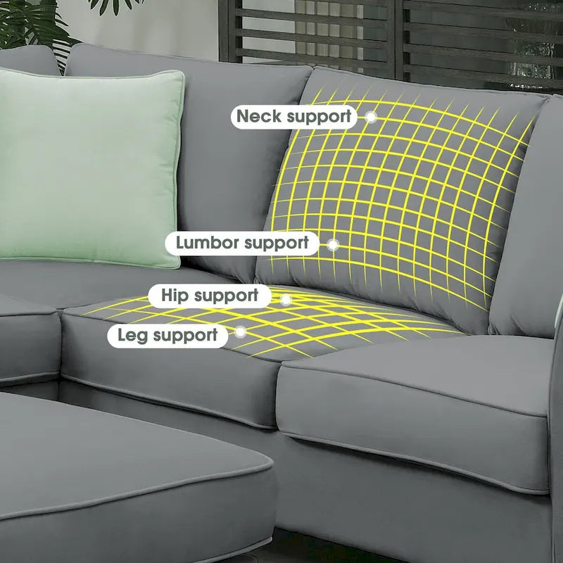 112 Zoll L-förmiges modulares 7-Sitzer-Sofa mit Ottomane und drei Kissen - 112B x 87T x 33H