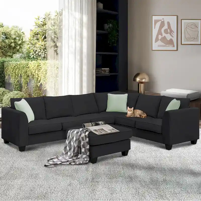 112 Zoll L-förmiges modulares 7-Sitzer-Sofa mit Ottomane und drei Kissen - 112B x 87T x 33H