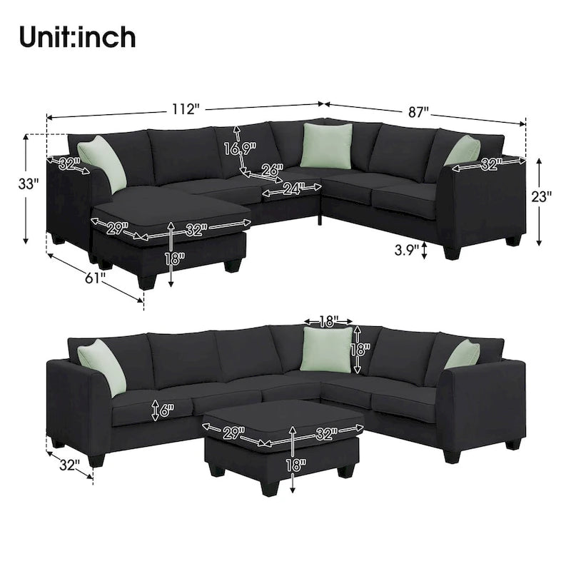 112 Zoll L-förmiges modulares 7-Sitzer-Sofa mit Ottomane und drei Kissen - 112B x 87T x 33H