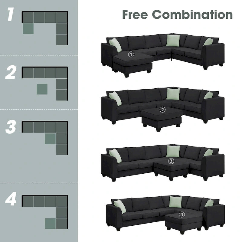 112 Zoll L-förmiges modulares 7-Sitzer-Sofa mit Ottomane und drei Kissen - 112B x 87T x 33H