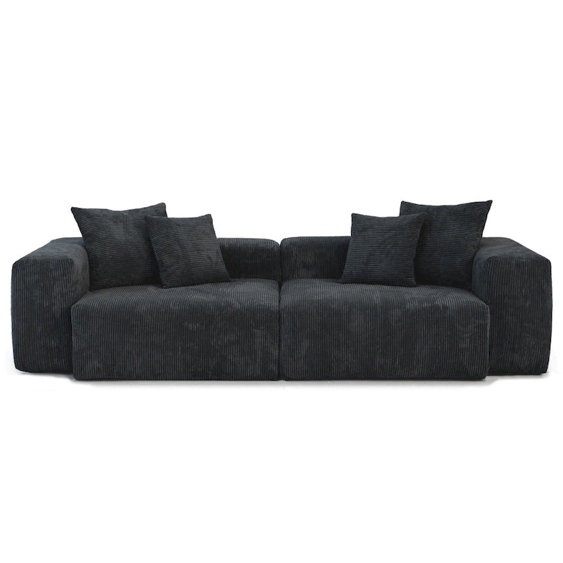 Schwarzes Cord-Ecksofa, individuell anpassbares Sofa mit Kissen.