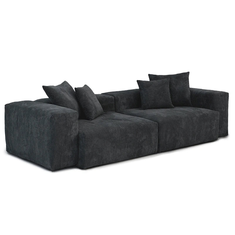 Schwarzes Cord-Ecksofa, individuell anpassbares Sofa mit Kissen.