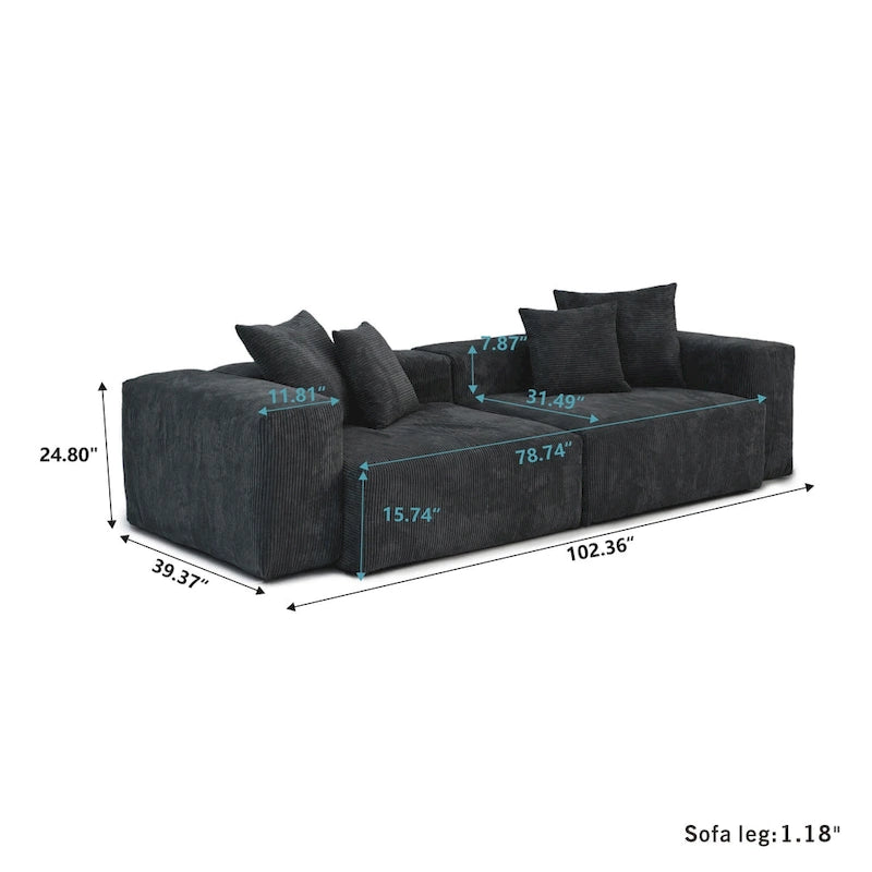 Schwarzes Cord-Ecksofa, individuell anpassbares Sofa mit Kissen.