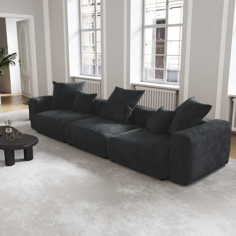 Schwarzes Cord-Ecksofa, individuell anpassbares Sofa mit Kissen.