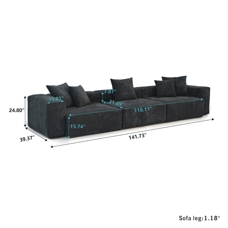 Schwarzes Cord-Ecksofa, individuell anpassbares Sofa mit Kissen.