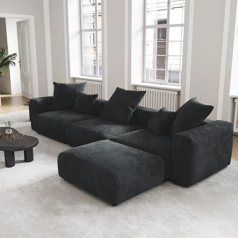 Schwarzes Cord-Ecksofa, individuell anpassbares Sofa mit Kissen.