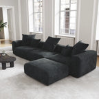 Schwarzes Cord-Ecksofa, individuell anpassbares Sofa mit Kissen.