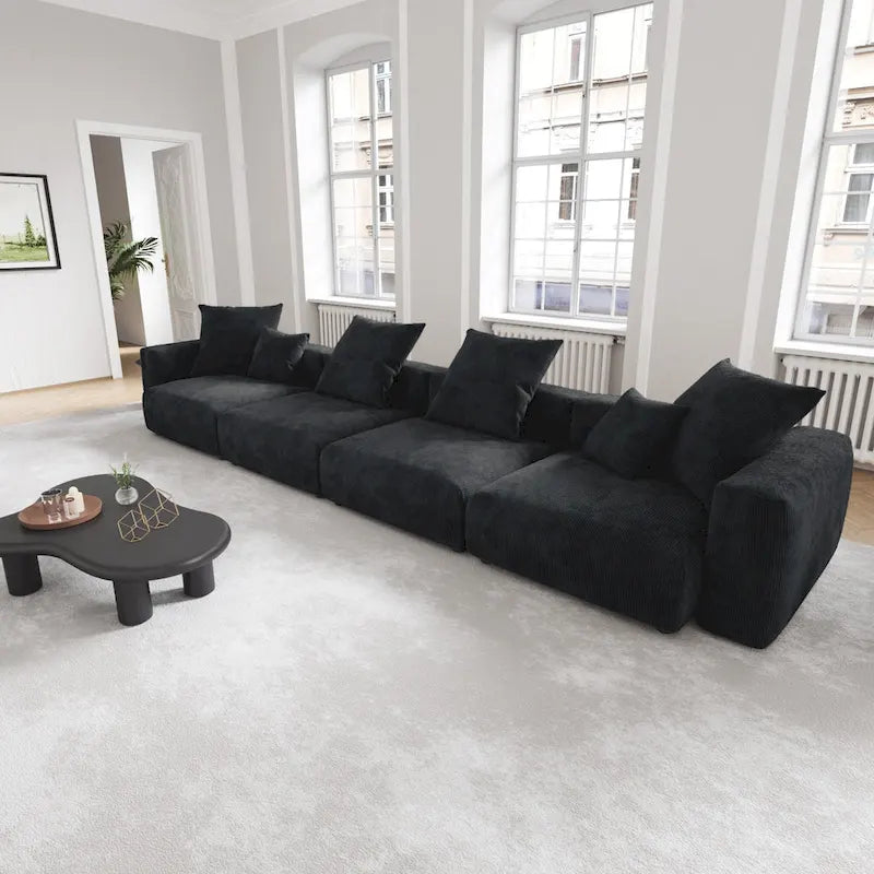 Schwarzes Cord-Ecksofa, individuell anpassbares Sofa mit Kissen.