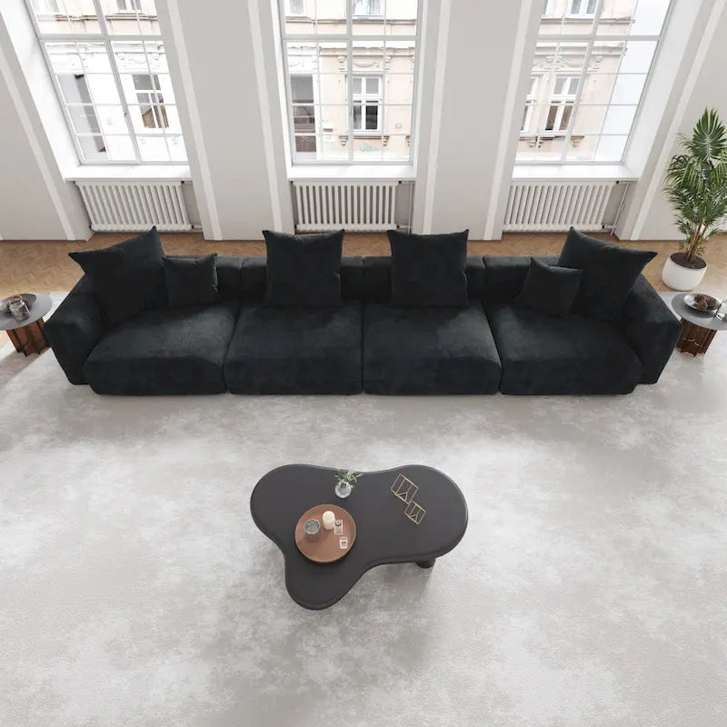 Schwarzes Cord-Ecksofa, individuell anpassbares Sofa mit Kissen.