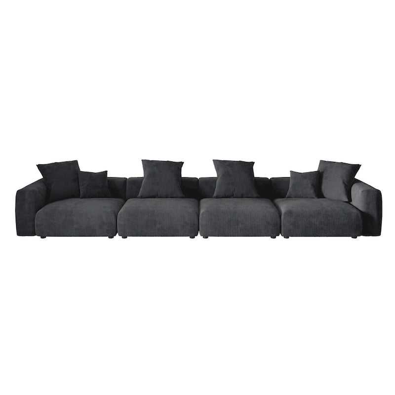 Schwarzes Cord-Ecksofa, individuell anpassbares Sofa mit Kissen.