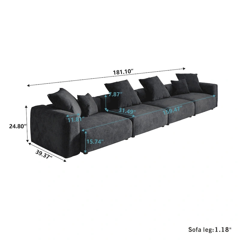 Schwarzes Cord-Ecksofa, individuell anpassbares Sofa mit Kissen.