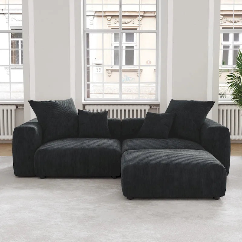 Schwarzes Cord-Ecksofa, individuell anpassbares Sofa mit Kissen.
