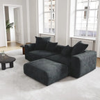 Schwarzes Cord-Ecksofa, individuell anpassbares Sofa mit Kissen.