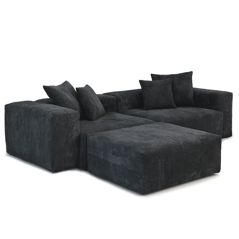 Schwarzes Cord-Ecksofa, individuell anpassbares Sofa mit Kissen.