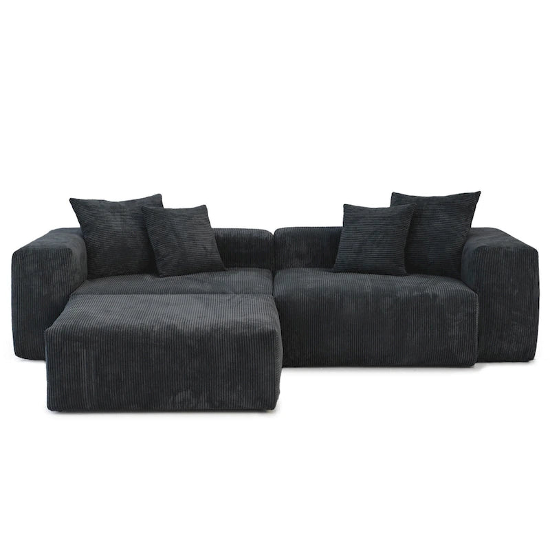 Schwarzes Cord-Ecksofa, individuell anpassbares Sofa mit Kissen.