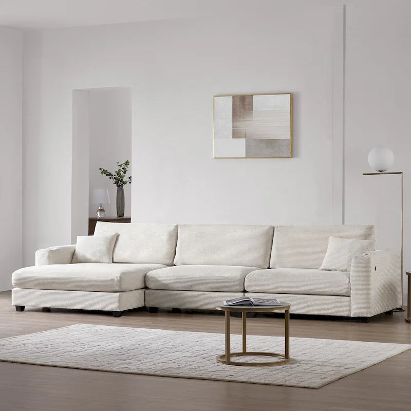 Großes L-förmiges Cloud Sofa in beigem Cord – Tiefes Schlafsofa mit USB, Getränkehalter