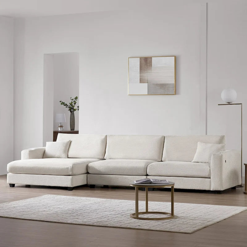 Large L-Shaped Cloud Couch in Beige Corduroy - Deep Seat Sofa Bed with USB, Cup Holder