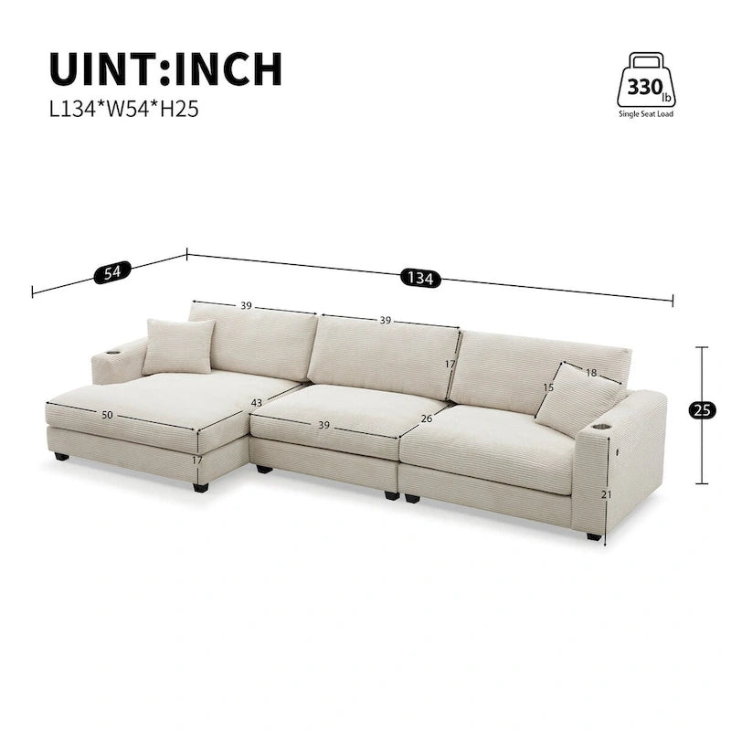 Großes L-förmiges Cloud Sofa in beigem Cord – Tiefes Schlafsofa mit USB, Getränkehalter