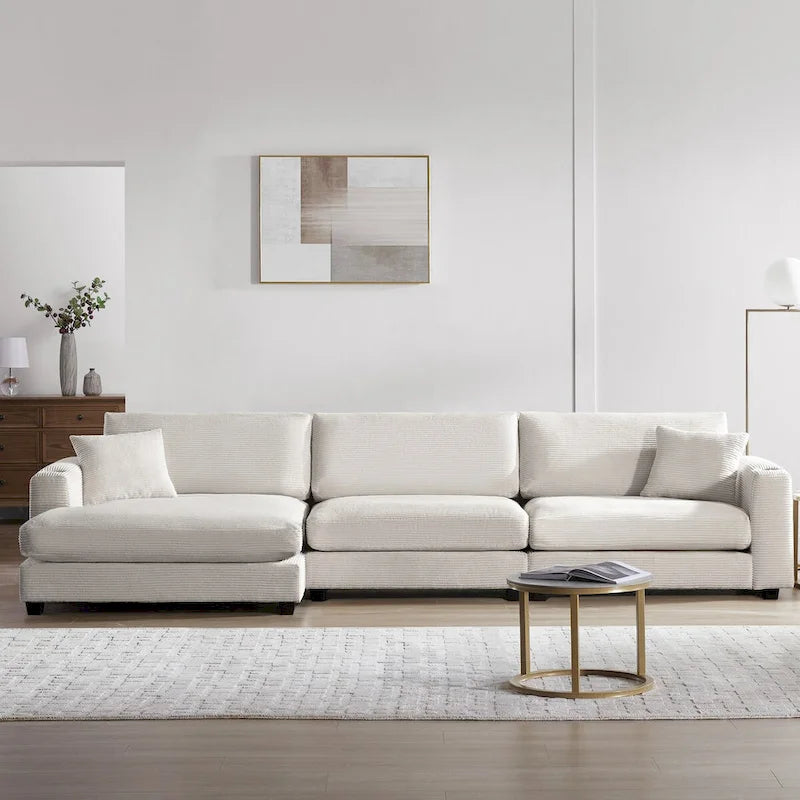 Großes L-förmiges Cloud Sofa in beigem Cord – Tiefes Schlafsofa mit USB, Getränkehalter